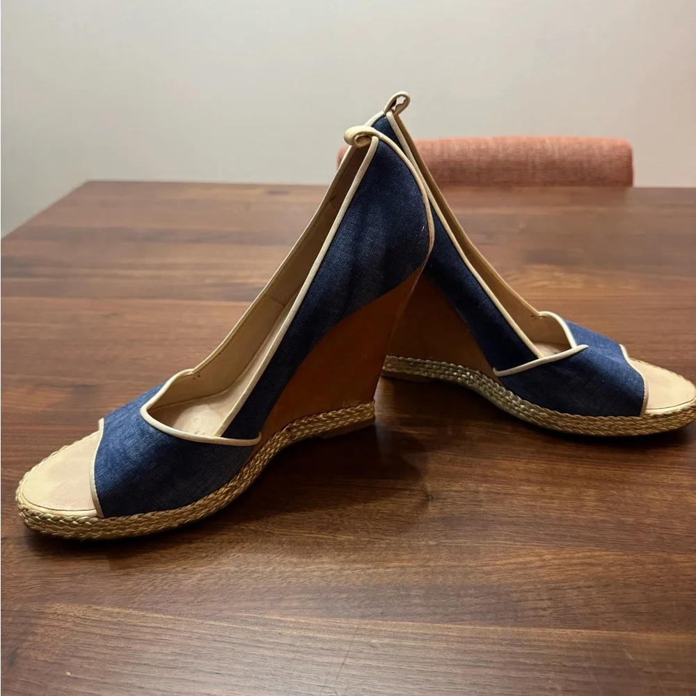 Designer Blue and Tan Espadrille Wedge Sandals - Picture 2 of 5